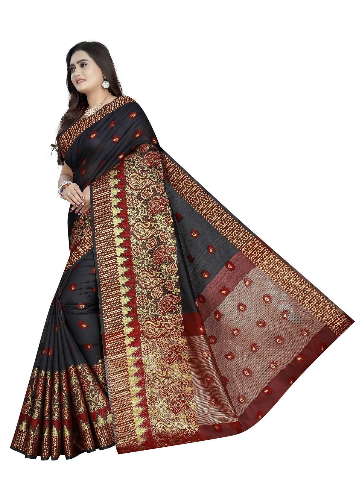 Vamika Banarasi Jaquard Black & Red Weaving Saree | Swadesiicart