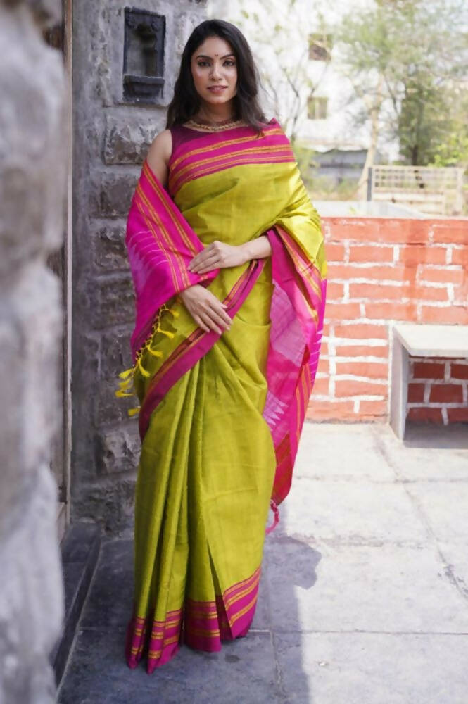 Very Much Indian Handloom Cotton Viscose Ilkal Saree - Bright Green | Swadesiicart