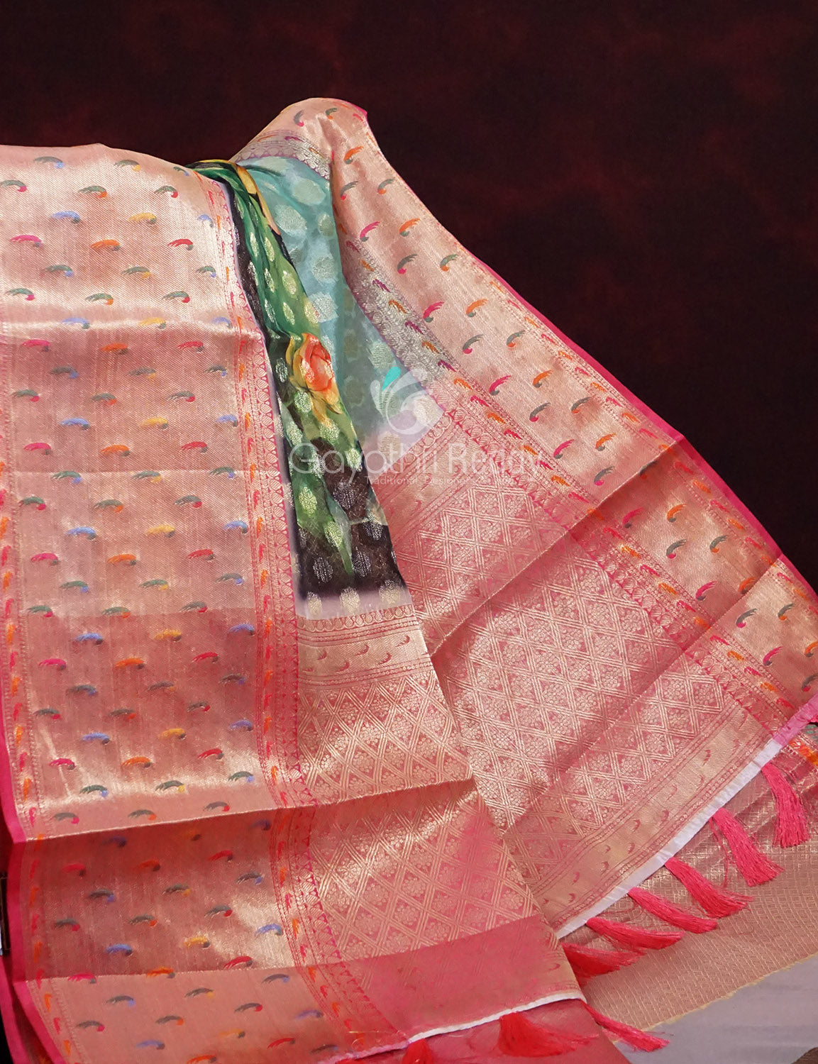 Green and Pink Banaras Border Floral Design Banarasi Semi Silk Saree By Gayathri Reddy Designer Studio | Swadesiicart