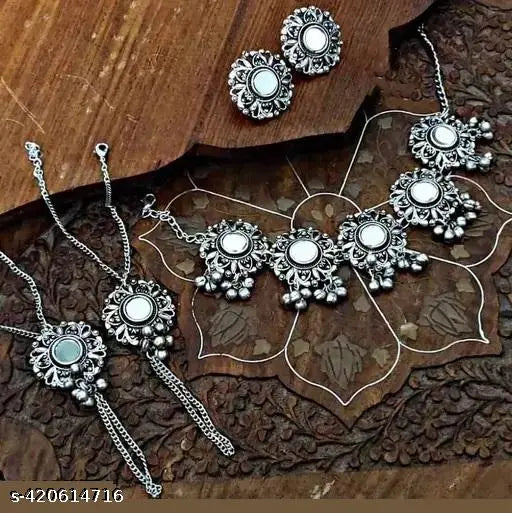 Tehzeeb Creations Women's Silver Plated Oxidised Necklace Set With Bracelet - Swadesiicart