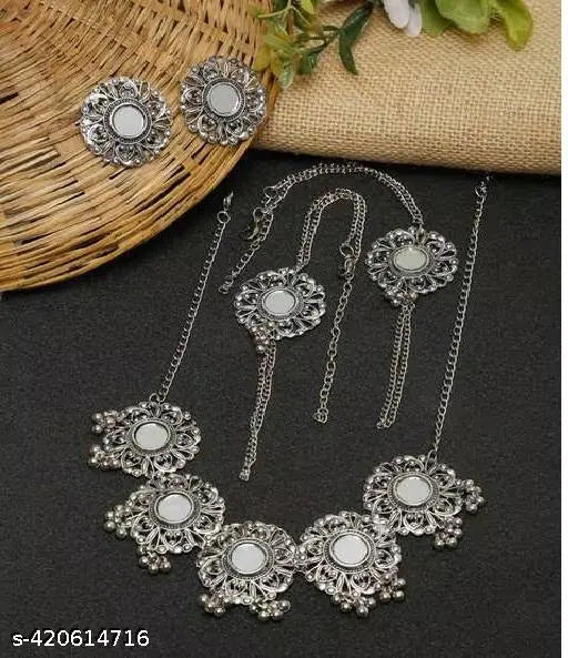 Tehzeeb Creations Women's Silver Plated Oxidised Necklace Set With Bracelet - Swadesiicart