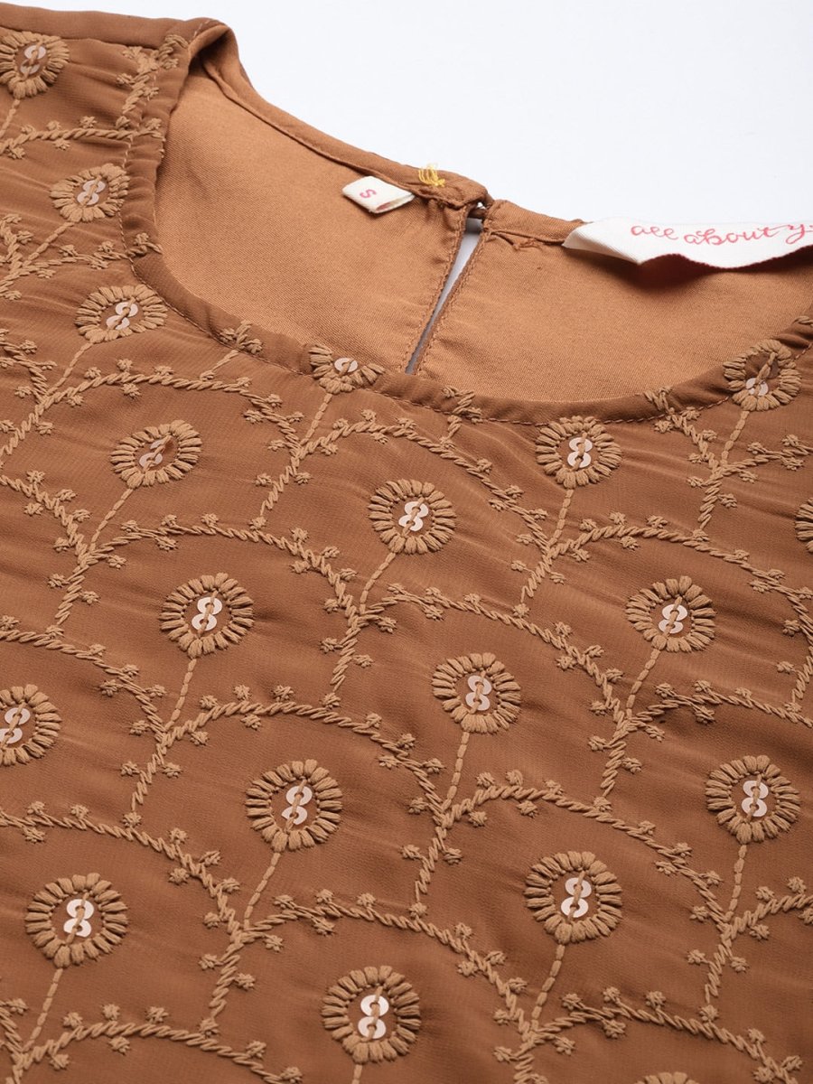 All About You Women Brown Ethnic Motifs Embroidered Chikankari Kurta with Palazzos | Swadesiicart