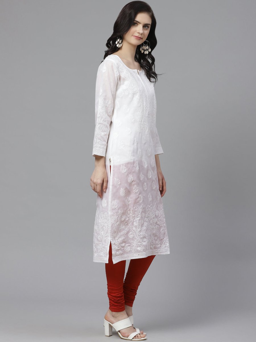 ADA Women White Chikankari Embroidered Sustainable Handloom Kurta with Churidar | Swadesiicart