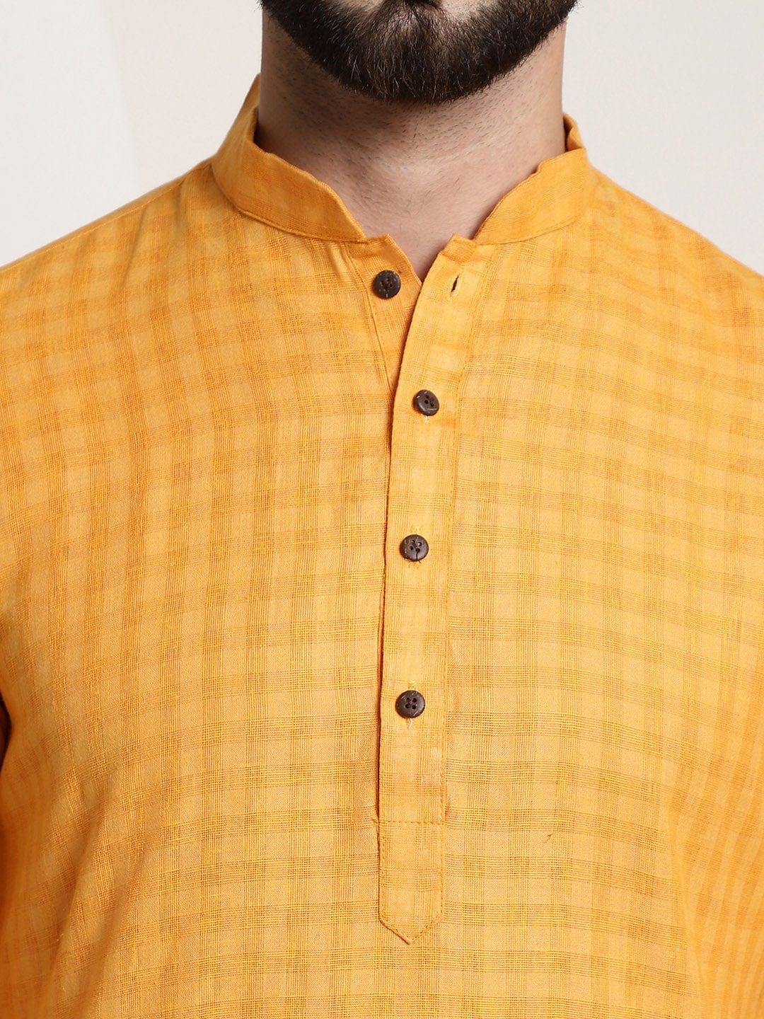 Sojanya Men Mustard Yellow Dobby Self-Checked Straight Kurta | Swadesiicart
