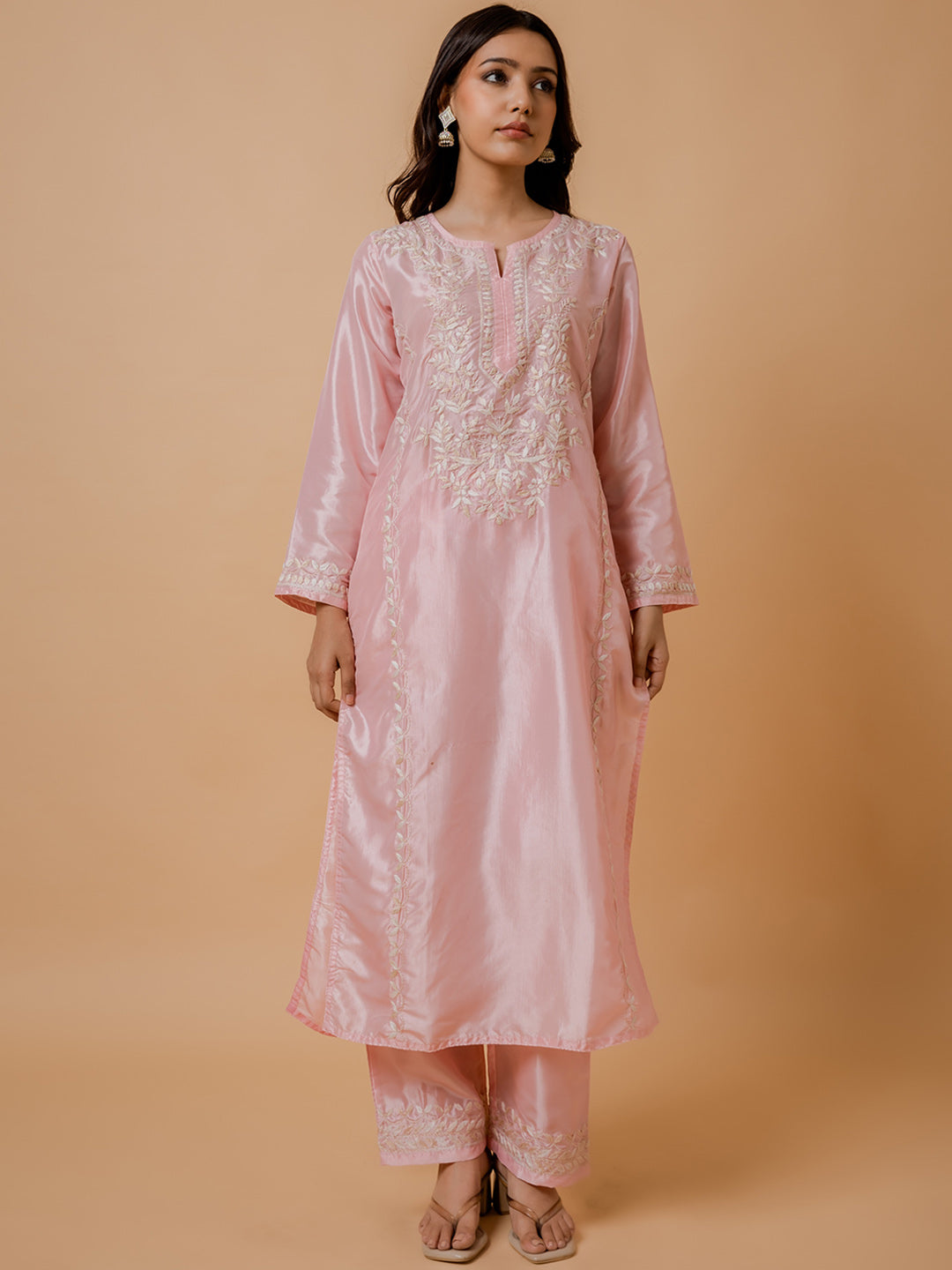 HOUSE OF KARI Floral Embroidered Silk Chikankari Kurta | Swadesiicart