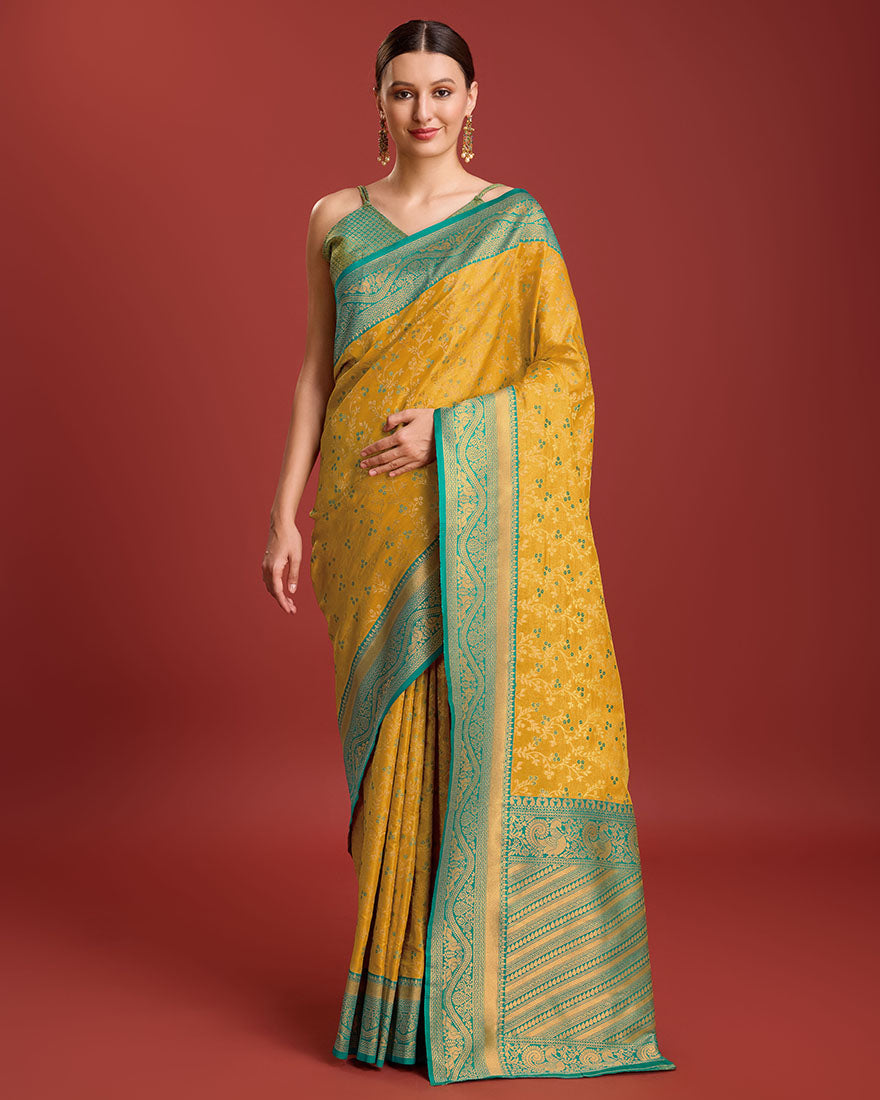 Monjolika Fashion Glamour And Tradition With This Mustard Color Zari Woven Banarasi Tissue Silk Saree | Swadesiicart