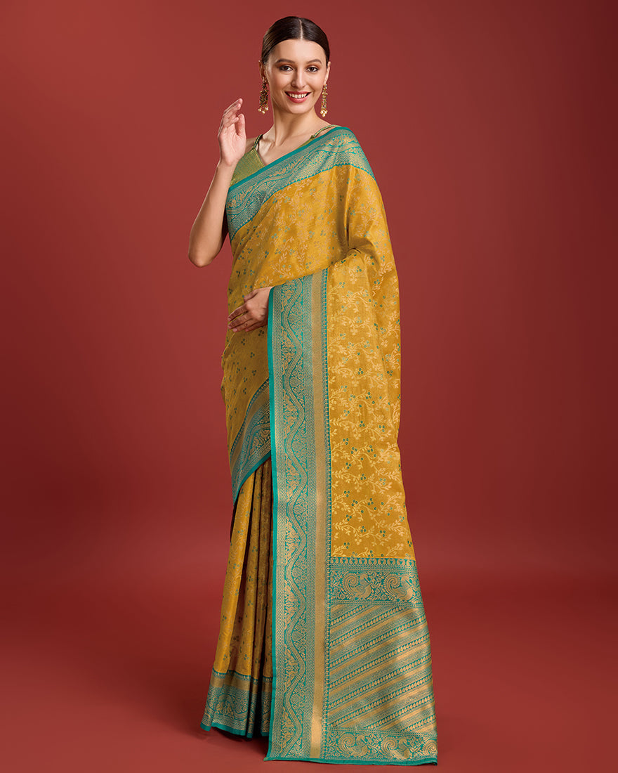 Monjolika Fashion Glamour And Tradition With This Mustard Color Zari Woven Banarasi Tissue Silk Saree | Swadesiicart