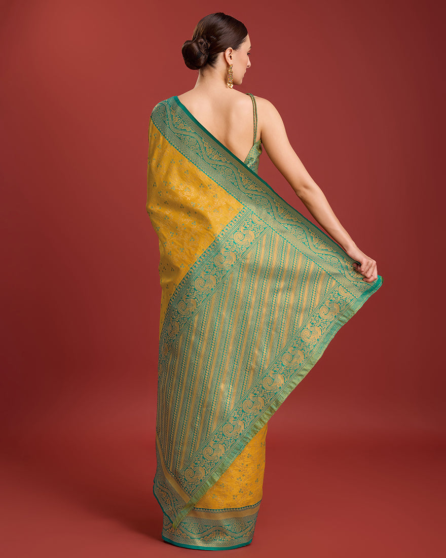 Monjolika Fashion Glamour And Tradition With This Mustard Color Zari Woven Banarasi Tissue Silk Saree | Swadesiicart
