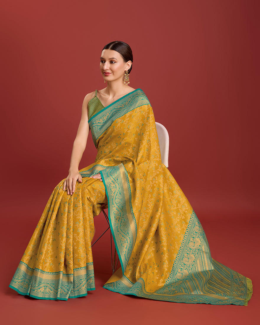 Monjolika Fashion Glamour And Tradition With This Mustard Color Zari Woven Banarasi Tissue Silk Saree | Swadesiicart