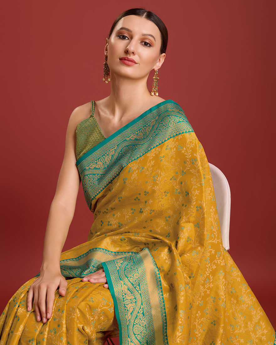 Monjolika Fashion Glamour And Tradition With This Mustard Color Zari Woven Banarasi Tissue Silk Saree | Swadesiicart
