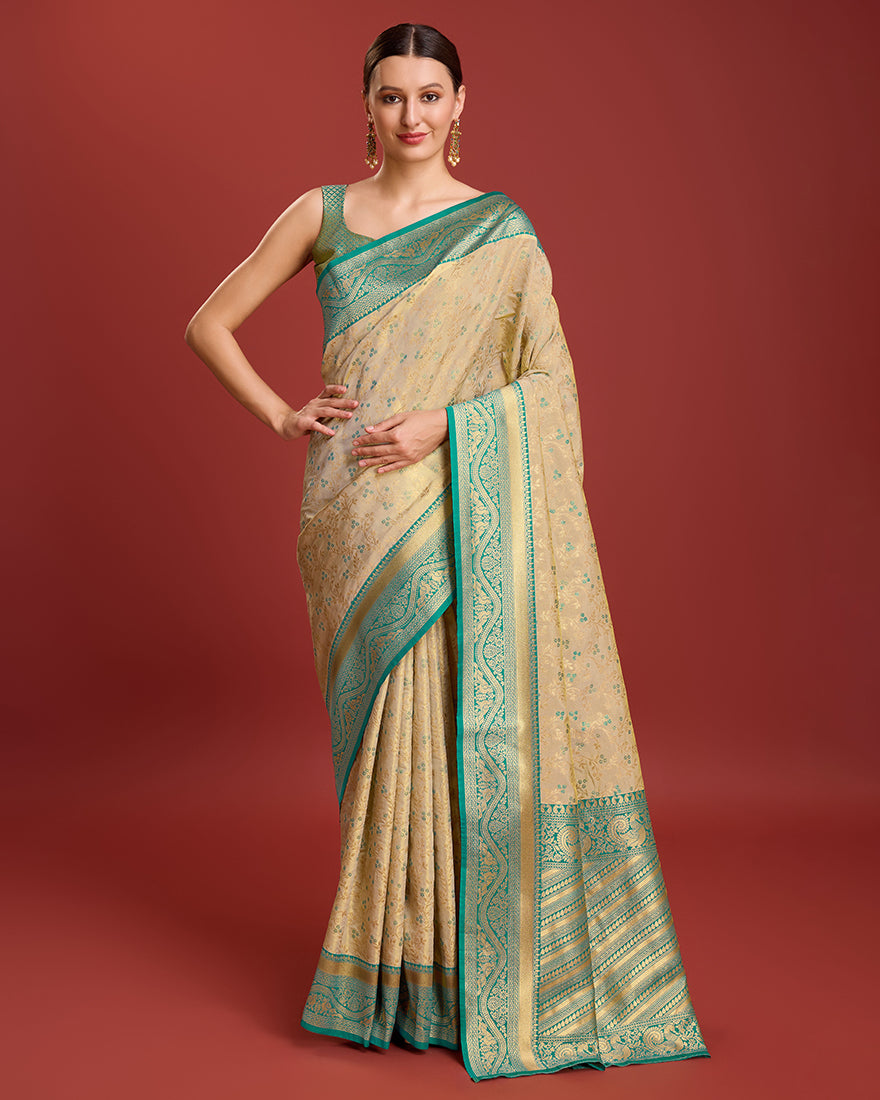 Monjolika Fashion Glamour And Tradition With This Beige Color Zari Woven Banarasi Tissue Silk Saree | Swadesiicart