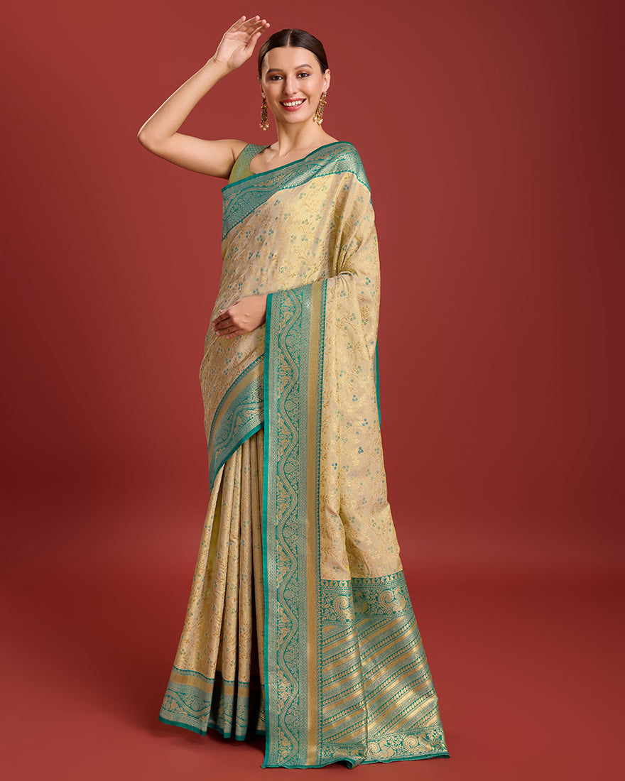 Monjolika Fashion Glamour And Tradition With This Beige Color Zari Woven Banarasi Tissue Silk Saree | Swadesiicart