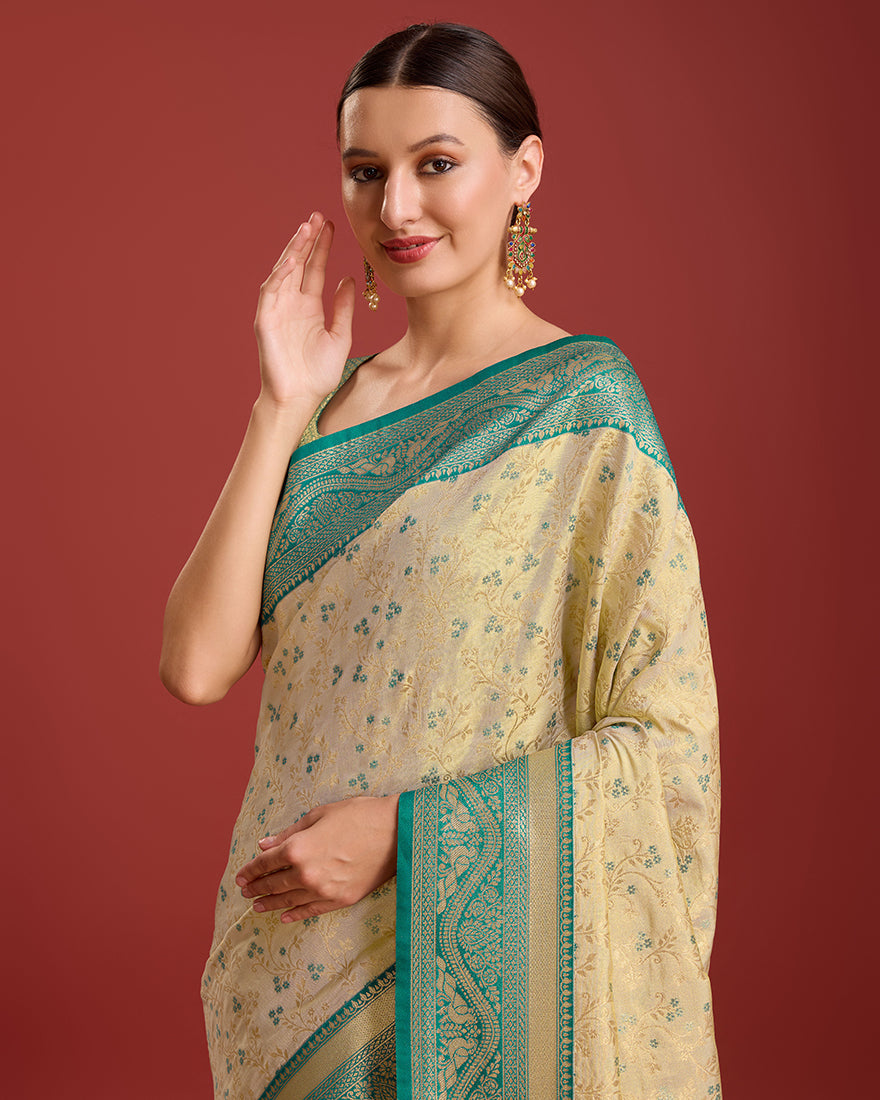 Monjolika Fashion Glamour And Tradition With This Beige Color Zari Woven Banarasi Tissue Silk Saree | Swadesiicart