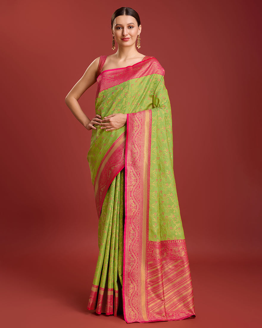 Monjolika Fashion Glamour And Tradition With This Parrot Green Color Zari Woven Banarasi Tissue Silk Saree | Swadesiicart