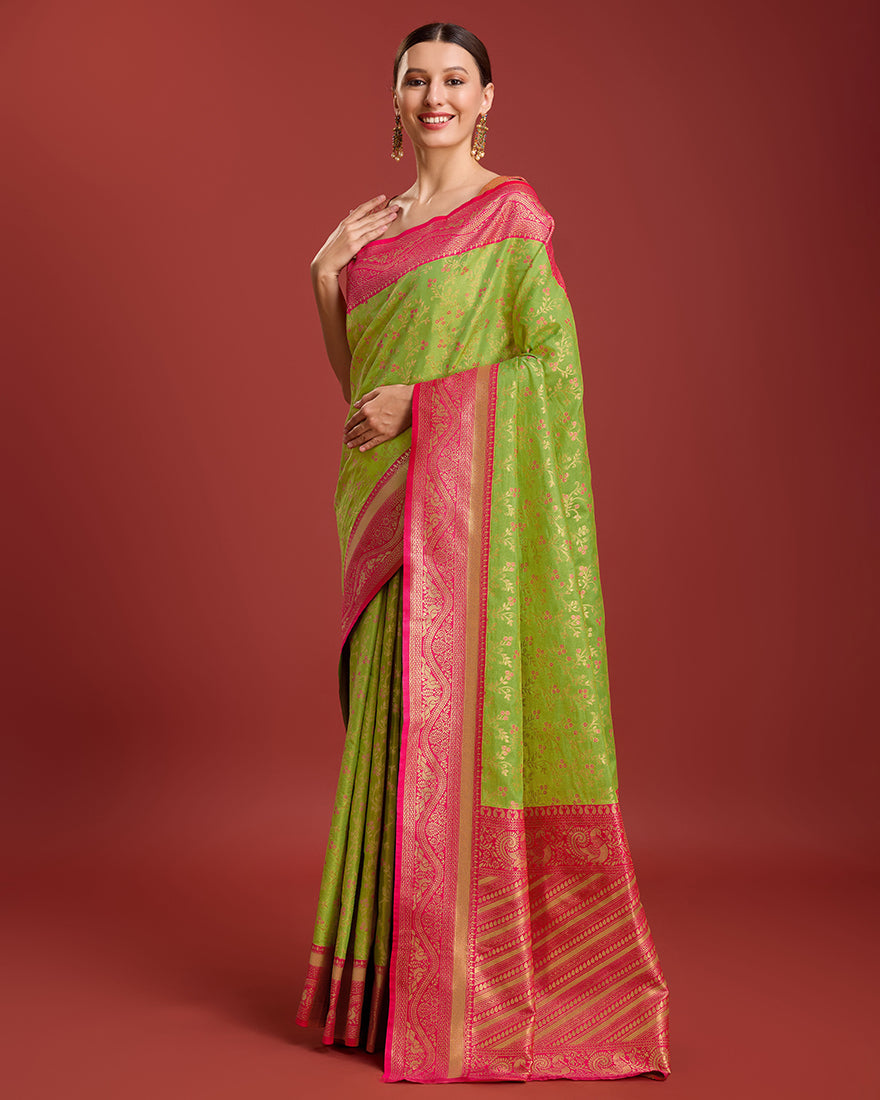 Monjolika Fashion Glamour And Tradition With This Parrot Green Color Zari Woven Banarasi Tissue Silk Saree | Swadesiicart