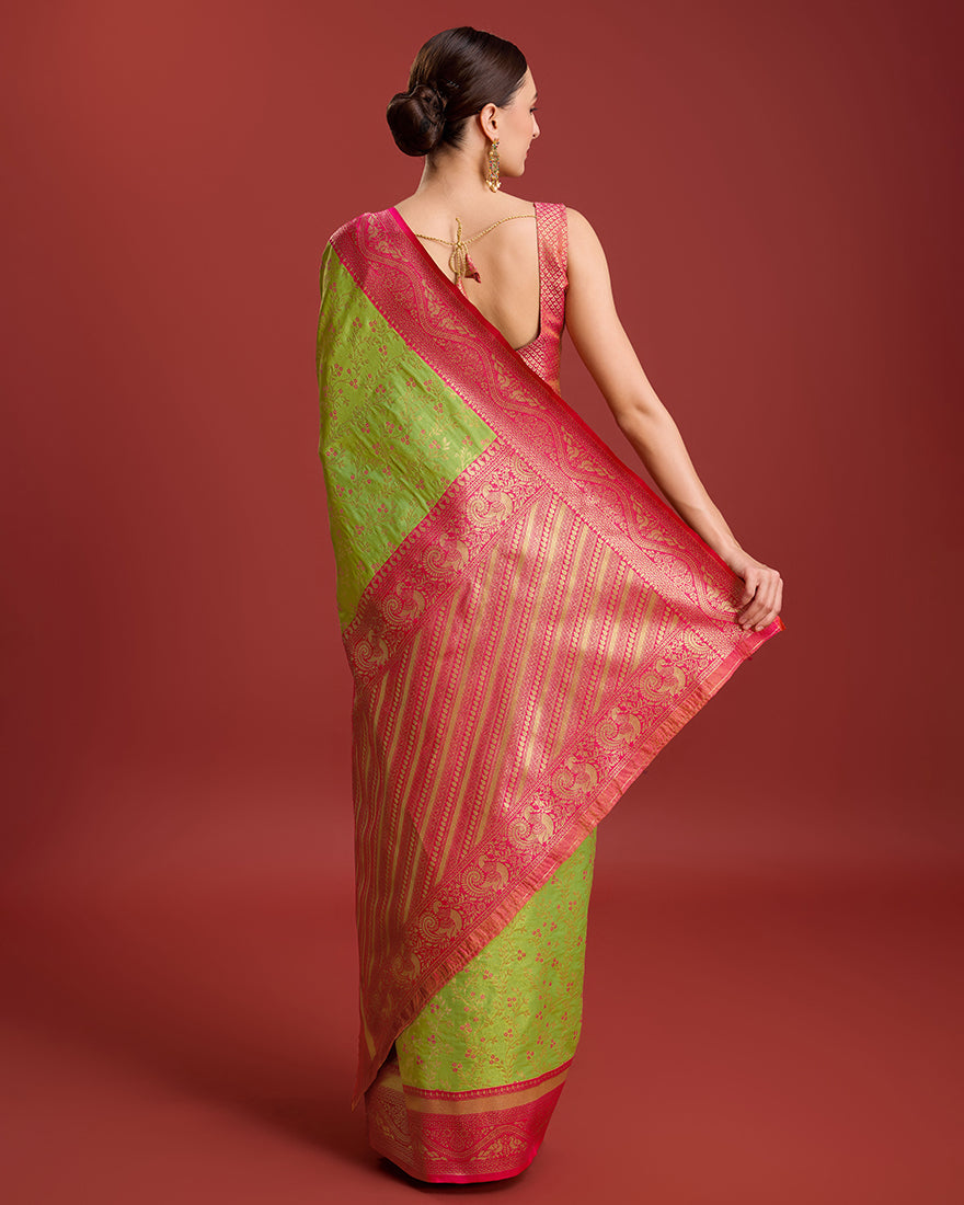 Monjolika Fashion Glamour And Tradition With This Parrot Green Color Zari Woven Banarasi Tissue Silk Saree | Swadesiicart