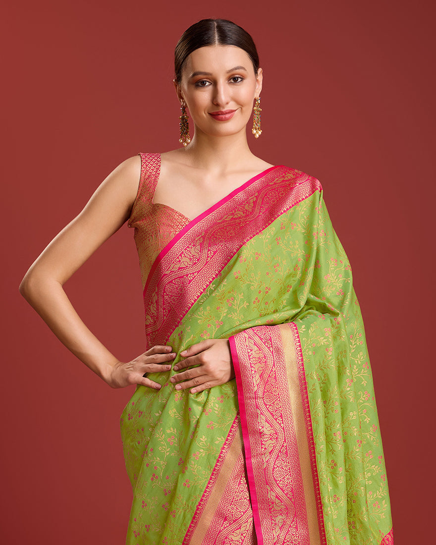 Monjolika Fashion Glamour And Tradition With This Parrot Green Color Zari Woven Banarasi Tissue Silk Saree | Swadesiicart