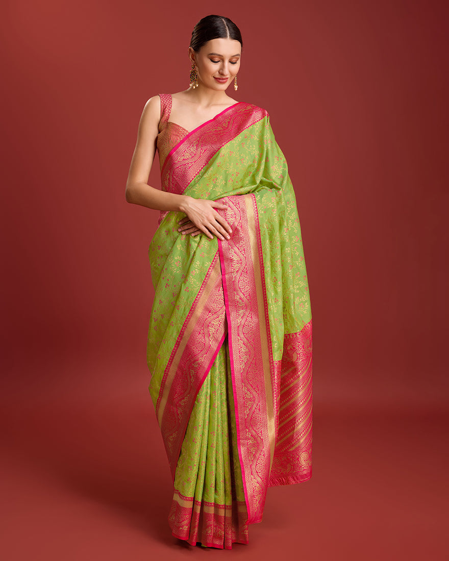 Monjolika Fashion Glamour And Tradition With This Parrot Green Color Zari Woven Banarasi Tissue Silk Saree | Swadesiicart
