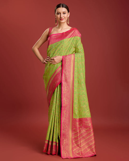 Monjolika Fashion Glamour And Tradition With This Parrot Green Color Zari Woven Banarasi Tissue Silk Saree | Swadesiicart