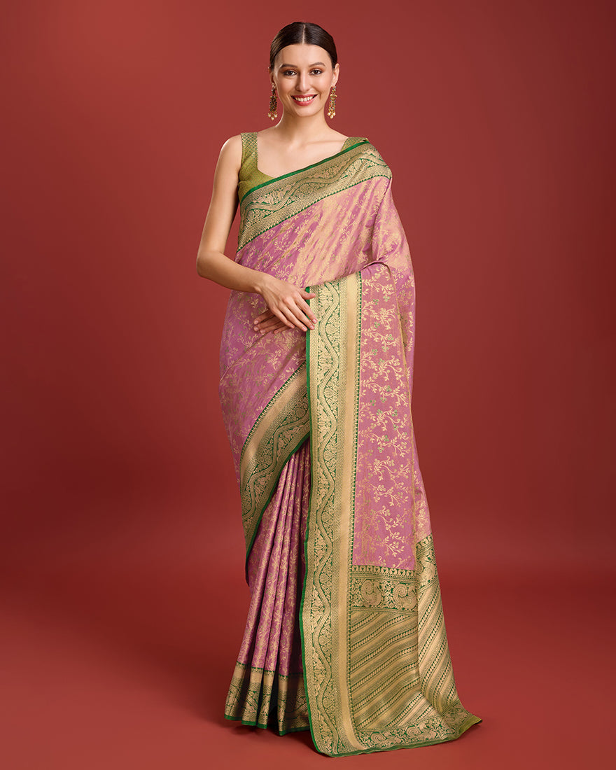 Monjolika Fashion Glamour And Tradition With This Rose Pink Color Zari Woven Banarasi Tissue Silk Saree | Swadesiicart