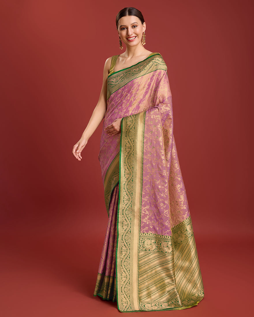 Monjolika Fashion Glamour And Tradition With This Rose Pink Color Zari Woven Banarasi Tissue Silk Saree | Swadesiicart