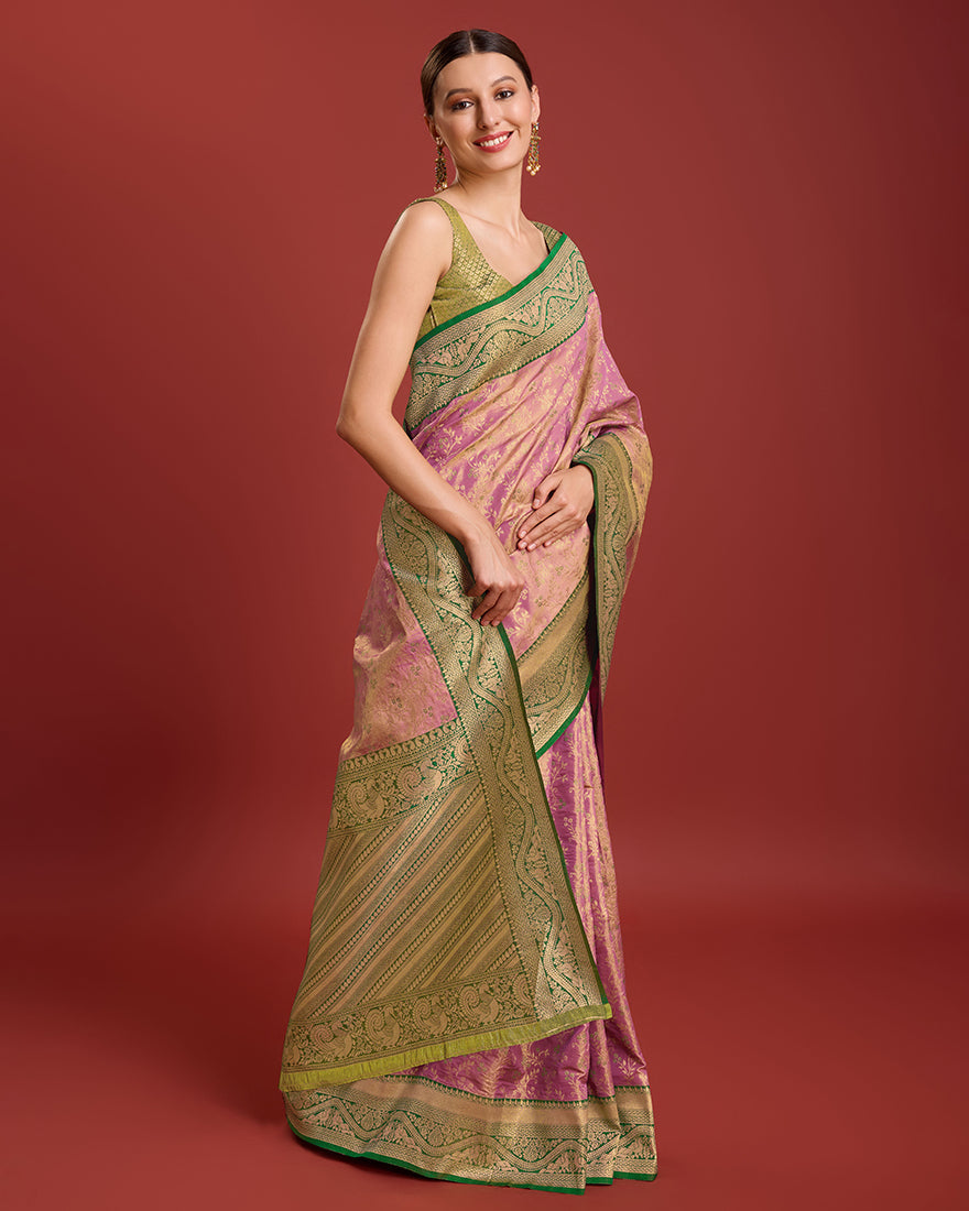 Monjolika Fashion Glamour And Tradition With This Rose Pink Color Zari Woven Banarasi Tissue Silk Saree | Swadesiicart