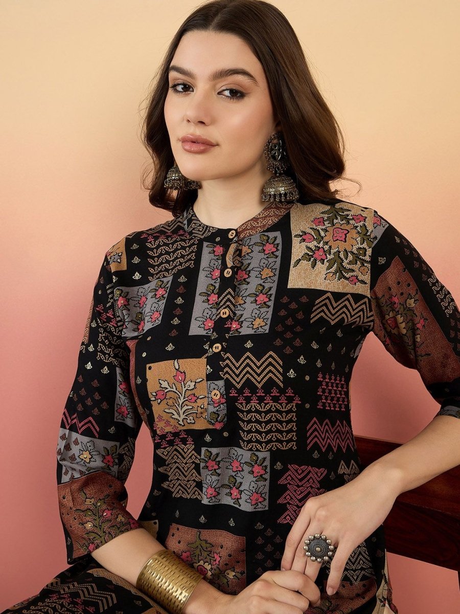 Anouk Ethnic Motifs Printed Beads And Stones Mandarin Collar A-Line Kurta - Swadesiicart