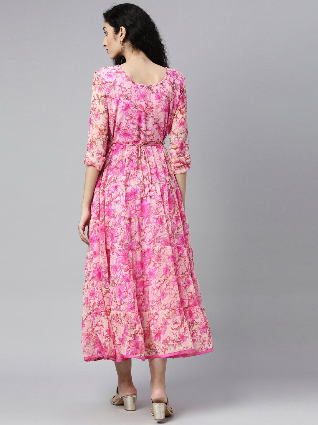 Souchii Beautiful Pink & peaches n cream Floral Layered Chiffon Midi Dress - Swadesiicart