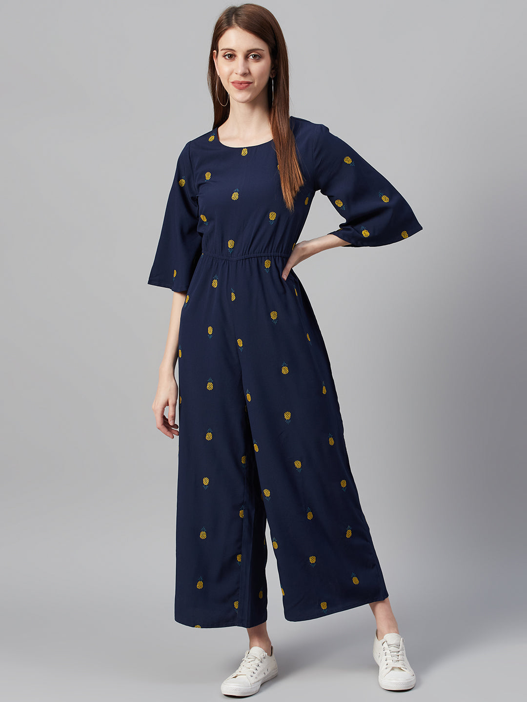 Juniper Women Darkblue Micro Poly Embroidered Regular Jumpsuit - Swadesiicart