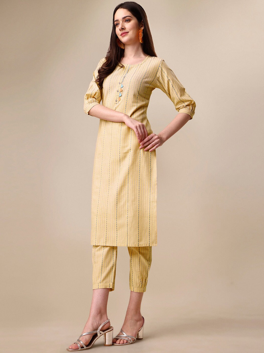 Kalini Women Woven Striped Thread Work Kurta with Trousers - Swadesiicart