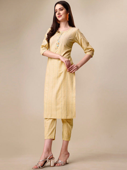 Kalini Women Woven Striped Thread Work Kurta with Trousers - Swadesiicart