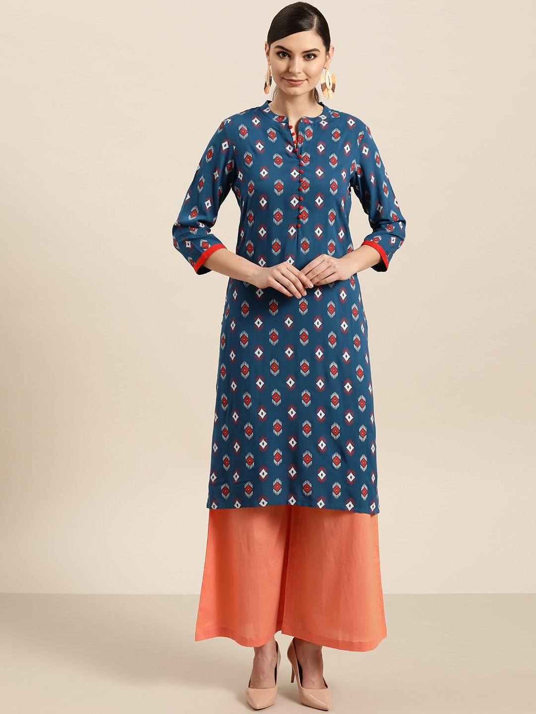 Sangria Women Teal Blue & Red Printed Straight Kurta - Swadesiicart