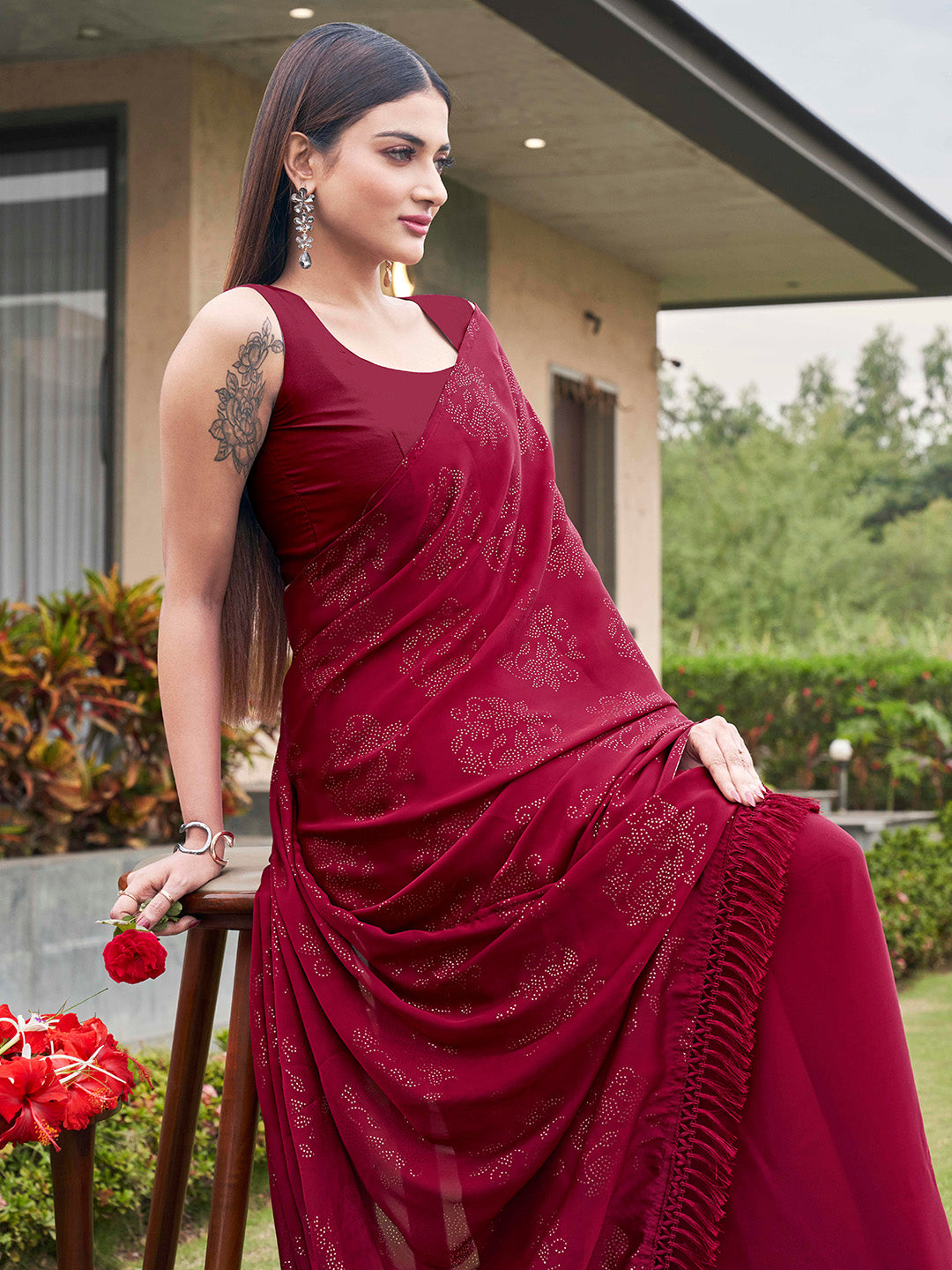 Tikhi Imli Embellished Half and half Satin Saree With Tassels | Swadesiicart