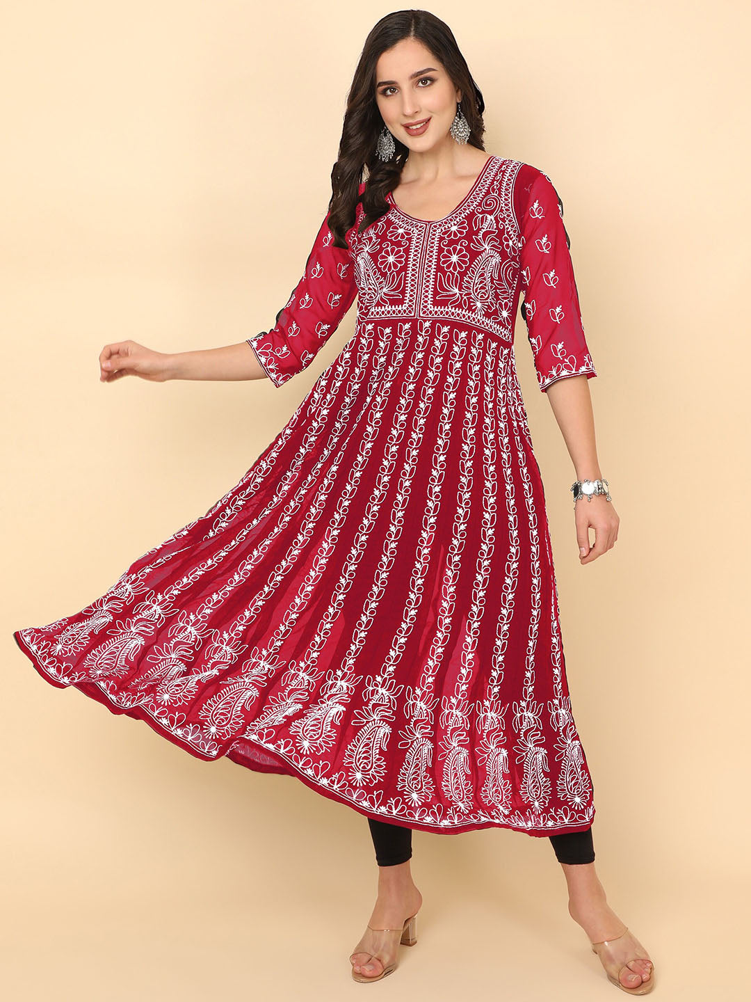 HERE&NOW Chikankari Embroidered Thread Work Georgette Anarkali Kurta | Swadesiicart