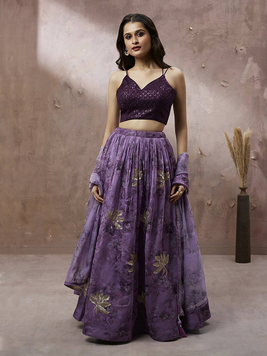 House of Panchhi Lavender Organza Floral Printed Lehenga choli & Dupatta | Swadesiicart
