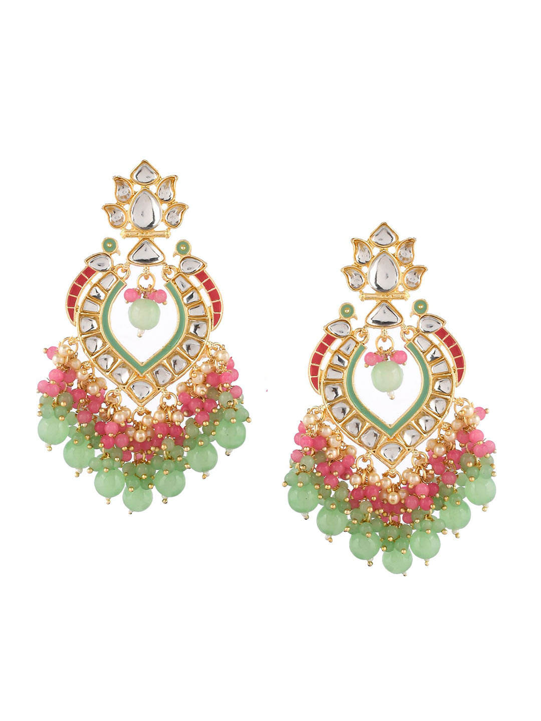 Shoshaa Gold-Polished Green & Pink Enamel Kundan-Studded Drop Earrings | Swadesiicart