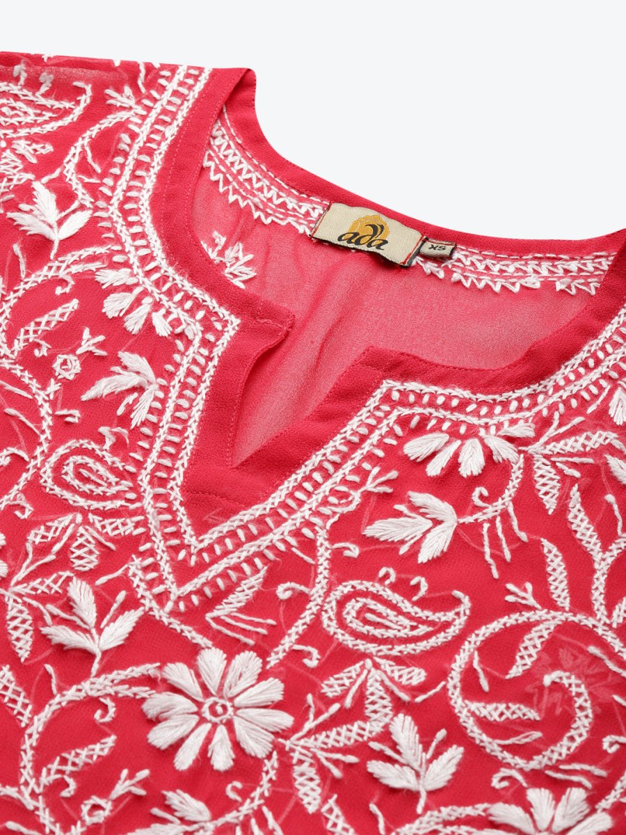 ADA Women Carrot Pink & White Floral Hand Embroidered Chikankari Handloom Kurta & Matching slip | Swadesiicart