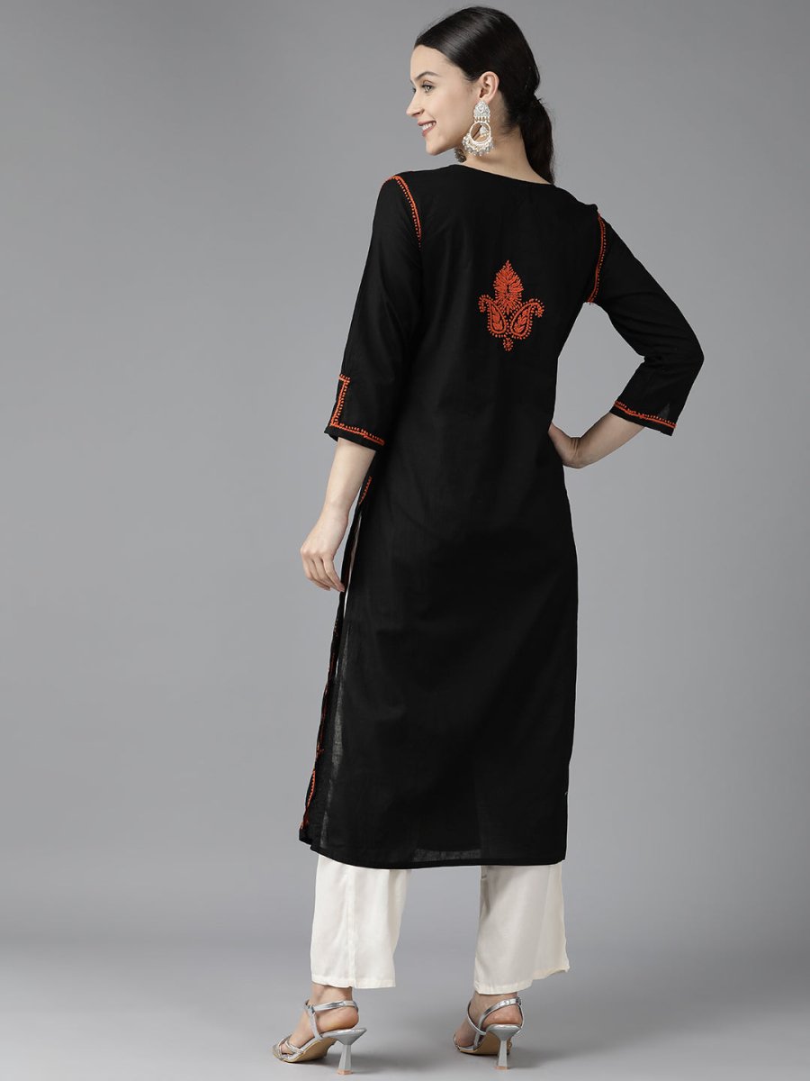 ADA Women Black & Orange Ethnic Motifs Embroidered Chikankari Kurta | Swadesiicart