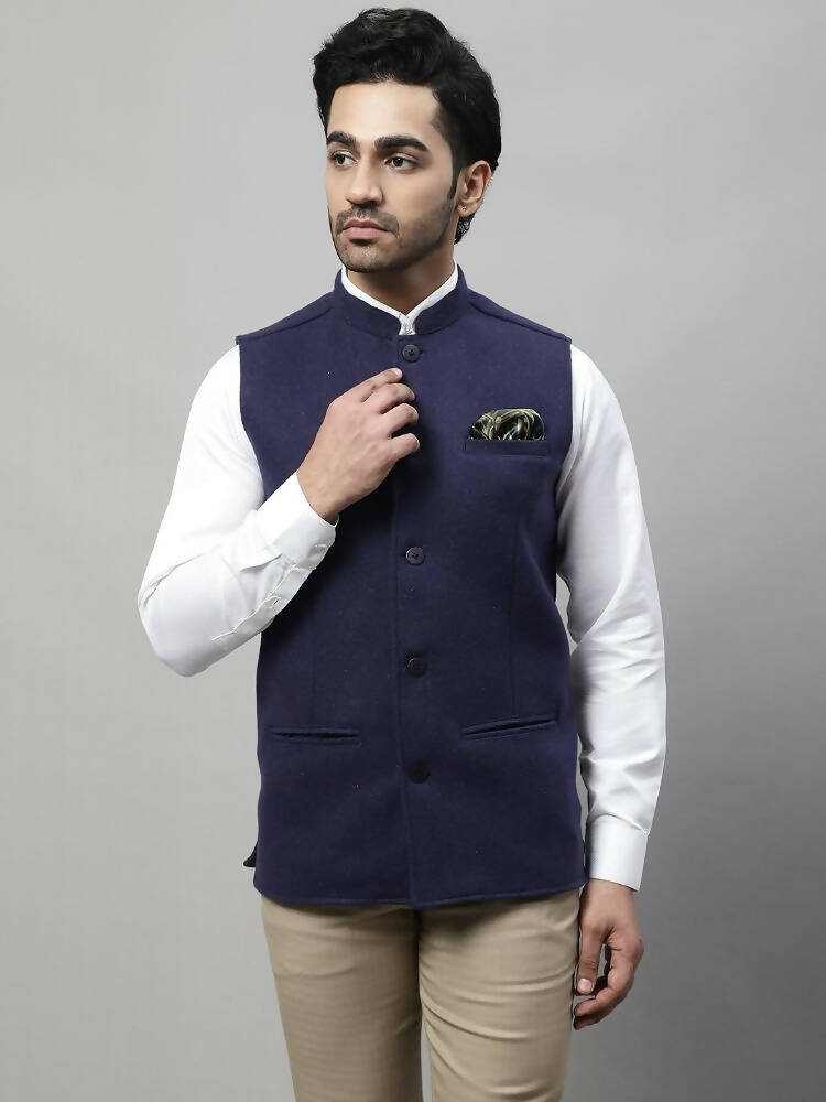 Even Apparels Pure Wool Nehru Jacket - Navy | Swadesiicart