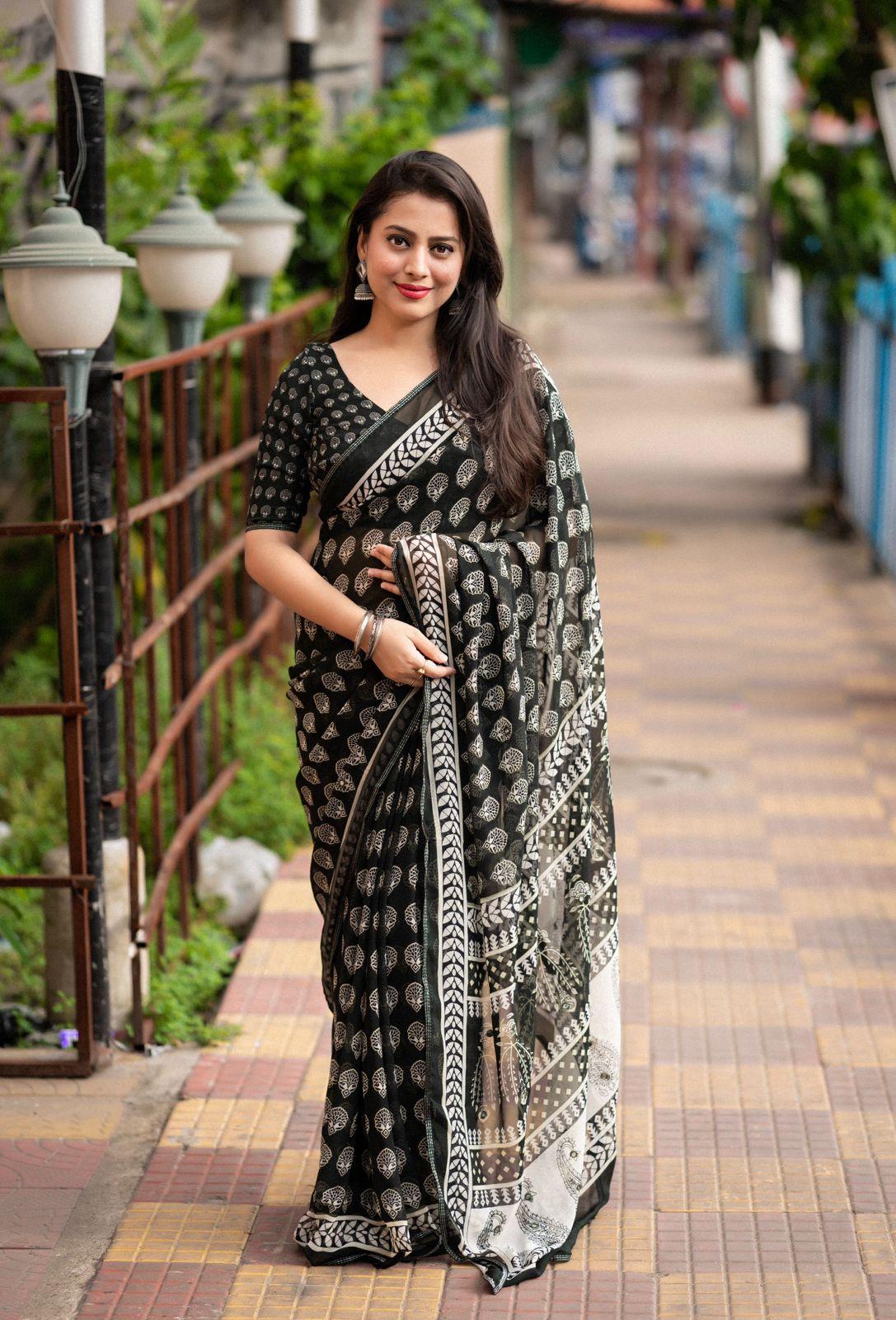Black Poly Georgette Ajrak Saree with Unstitched Blouse - Hiral Fashion | Swadesiicart