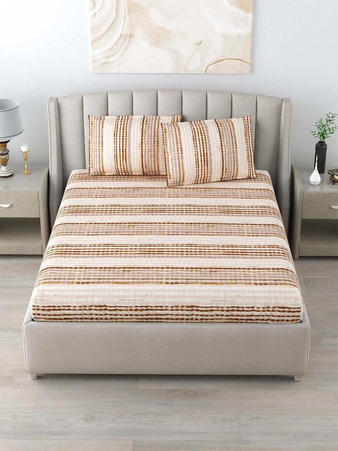 DREAM WEAVERZ Beige & Brown Striped Pure Cotton 220 TC King Bedsheet With 2 Pillow Covers - Swadesiicart