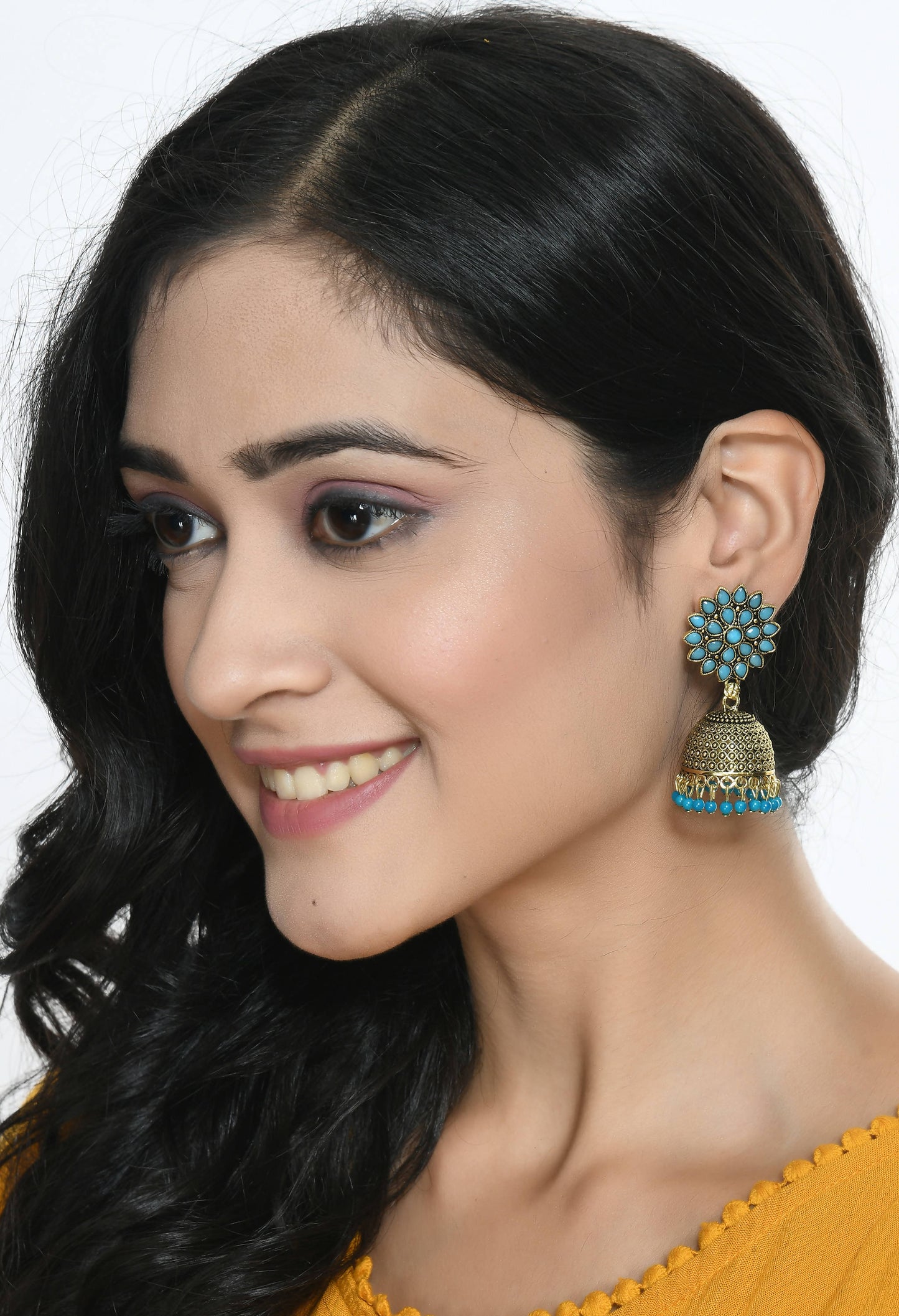 Mominos Fashion Johar Kamal Beautiful Kundan Work Jhumka With Sky Blue Beads - Swadesiicart
