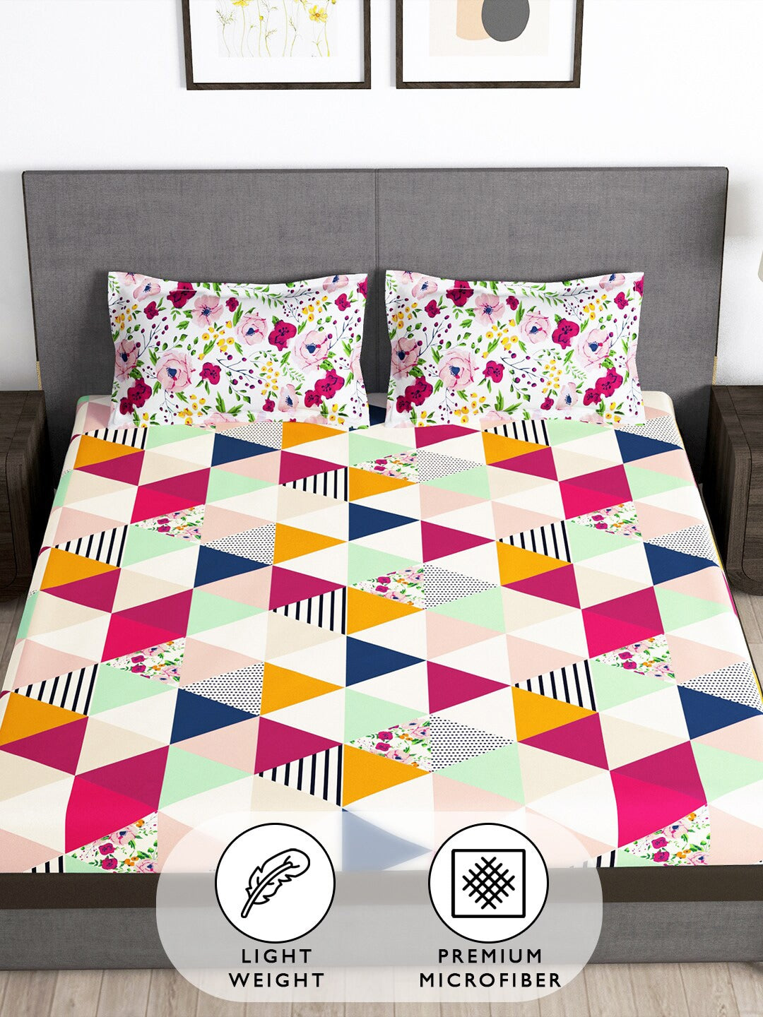 Story@home Arena Pink & Green Geometric Printed 180 TC Queen Bedsheet & 2 Pillow Covers - Swadesiicart
