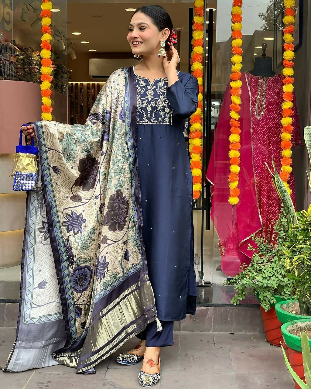 The52 Navy Blue Women's Beautiful Viscose Chanderi Fabric Embroidered Work Straight Kurta Pant and Dupatta Set - Swadesiicart