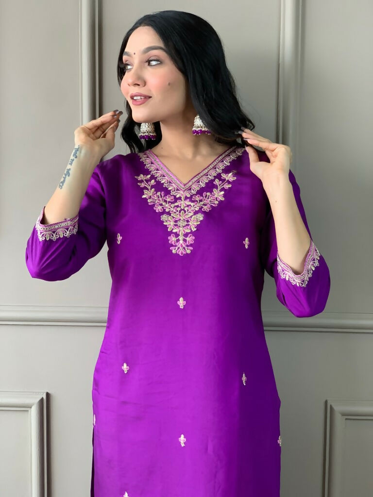 Partywear Designer Viscose Chanderi Wine Stitched Suit With Dupatta - Tanisha | Swadesiicart