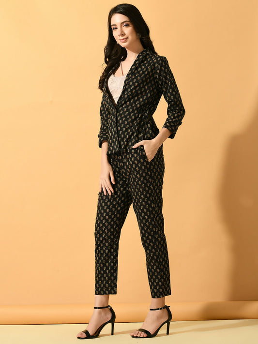 Myshka Women's Black Printed Coat With Trousers - Swadesiicart