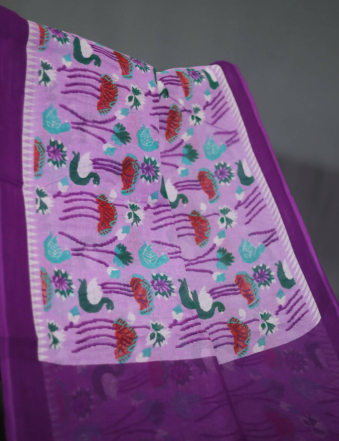 Shades Of Lavender And Purple Pure Munga Cotton Block Print Saree By Gayathri Reddy Designer Studio | Swadesiicart