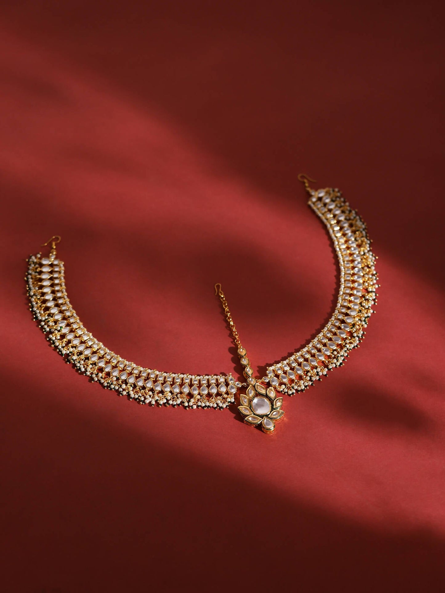 Gold-Polished Green White Kundan-Studded Beaded Matha Patti - Ruby Raang | Swadesiicart