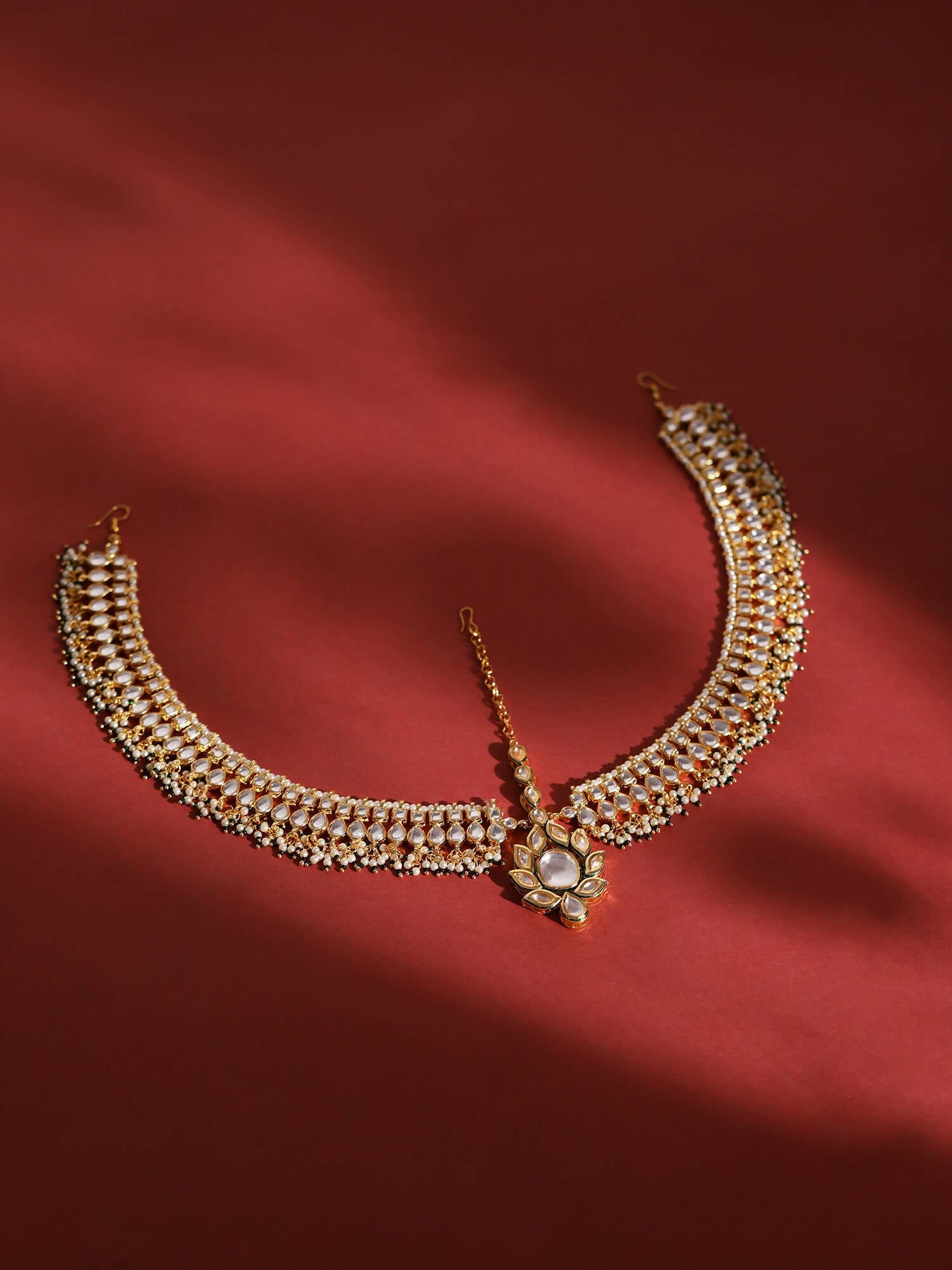 Gold-Polished Green White Kundan-Studded Beaded Matha Patti - Ruby Raang | Swadesiicart