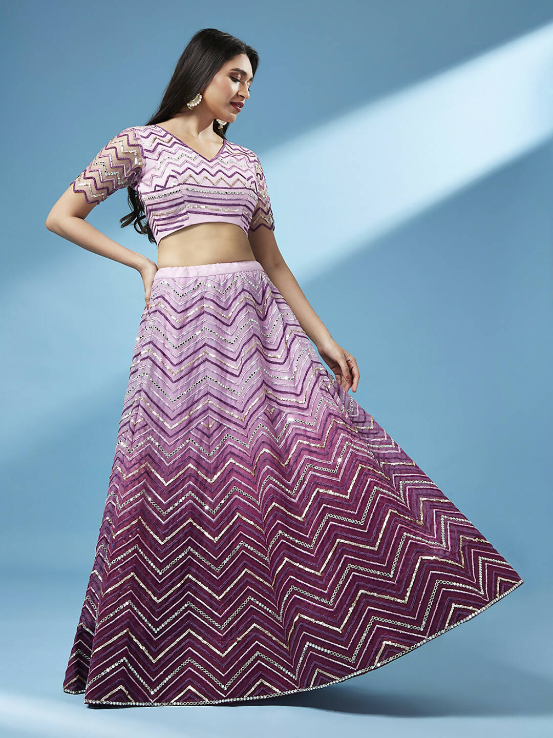 House of Panchhi Women Lavender Net Zig-Zag Embroideried Lehenga, Blouse & Dupatta | Swadesiicart